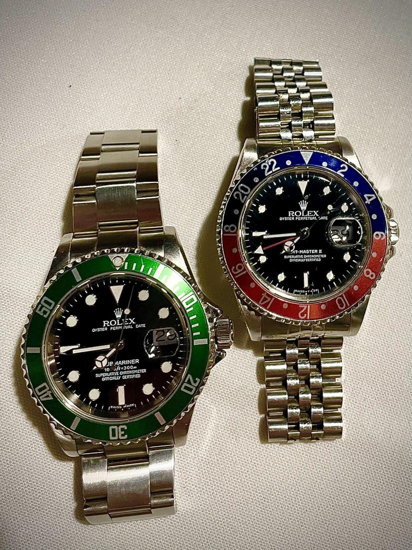 Rolex Submariner Date 16610LV à lunette verte et GMT-Master II 16710 à lunette Pepsi